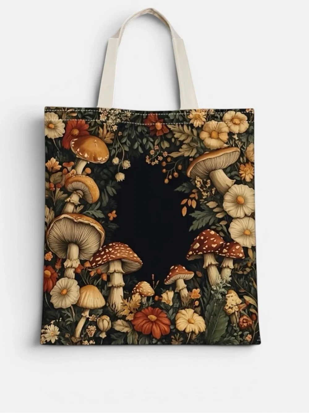 Woodland Mushroom Floral Tote Bag | Cottagecore Canvas Shoulder Bag | Botanical